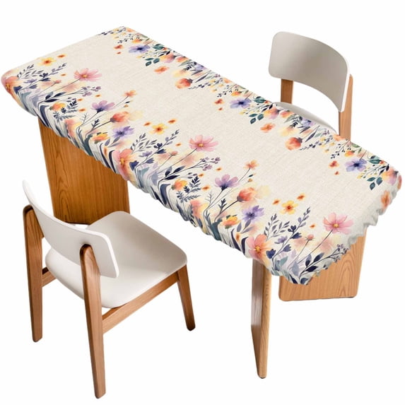 Spring Floral Table Cloths for 8 Foot Rectangle Tables, Elegant Flowers Farmhouse Botanical Rustic Patio Waterproof Elastic Fitted Tablecloths, Washable Rectangular Table Cover for Camping