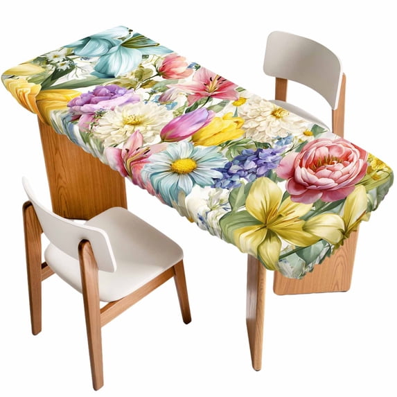 Spring Floral Table Cloths for 8 Foot Rectangle Tables, Farmhouse Elegant Flowers Watercolor Patio Waterproof Elastic Fitted Tablecloths, Washable Rectangular Table Cover for Camping