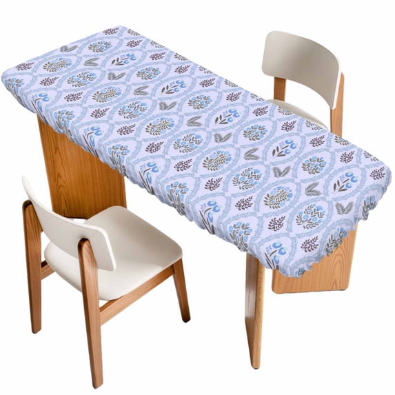 Spring Floral Table Cloths for 8 Foot Rectangle Tables, Retro Flowers Leaves Botanical Light Blue Patio Waterproof Elastic Fitted Tablecloths, Washable Rectangular Table Cover for Camping