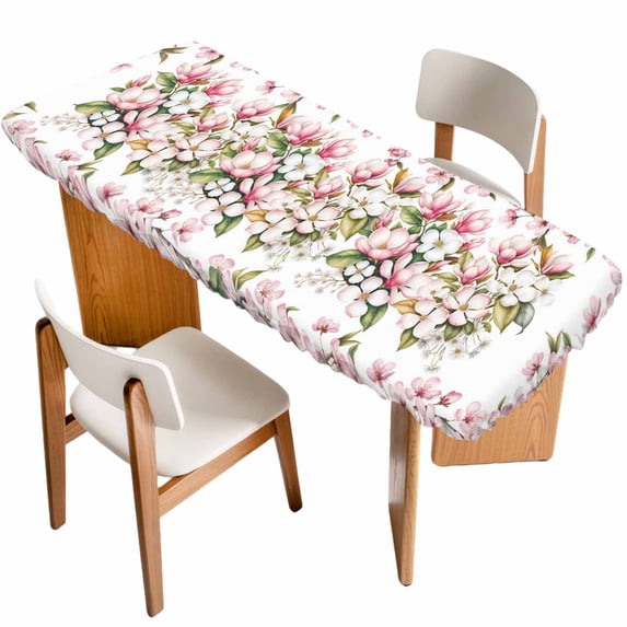 Spring Floral Table Cloths for 8 Foot Rectangle Tables, Retro Pink Orchid Flowers Leaves Botanical Patio Waterproof Elastic Fitted Tablecloths, Washable Rectangular Table Cover for Camping