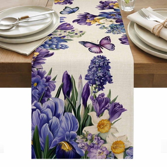 Spring Floral Table Runner - 108 Inch Long, Kitchen Dining Table Runner Dresser Scarves, Purple Tulips Hydrangeas Butterflies Beige Farmhouse Decor for Coffee Tables Wedding Party Banquet