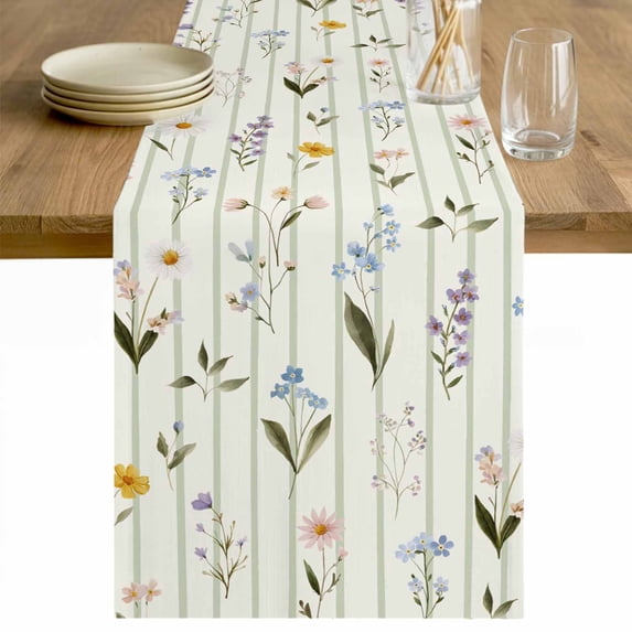 Spring Floral Table Runner - 108 Inch Long Summer Botanical Sage Green Striped Cotton and Linen Blended Dress Scarves Farmhouse Table Runner for Kitchen Dining, Coffee Table, 13" x 108"