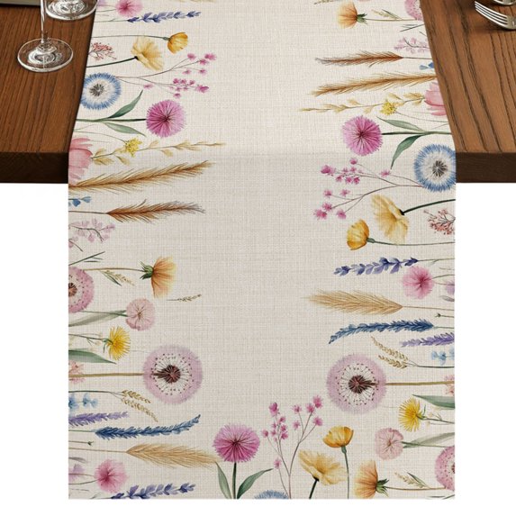 Spring Floral Table Runner 108 Inches Long, Cotton Linen Table Runner Dresser Scarf, Summer Botanical Wild Flower Rustic Fabric Tablerunners for Dining Coffee Tables Wedding Holiday Party 13"x108"