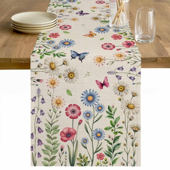 Spring Floral Table Runner 108 Inches Long Farmhouse Dress Scarves, Pink Blue Flowers Butterfly Rustic Dining Tablerunner for Coffee Table/Kitchen Island/Party Décor, 13" x 108"