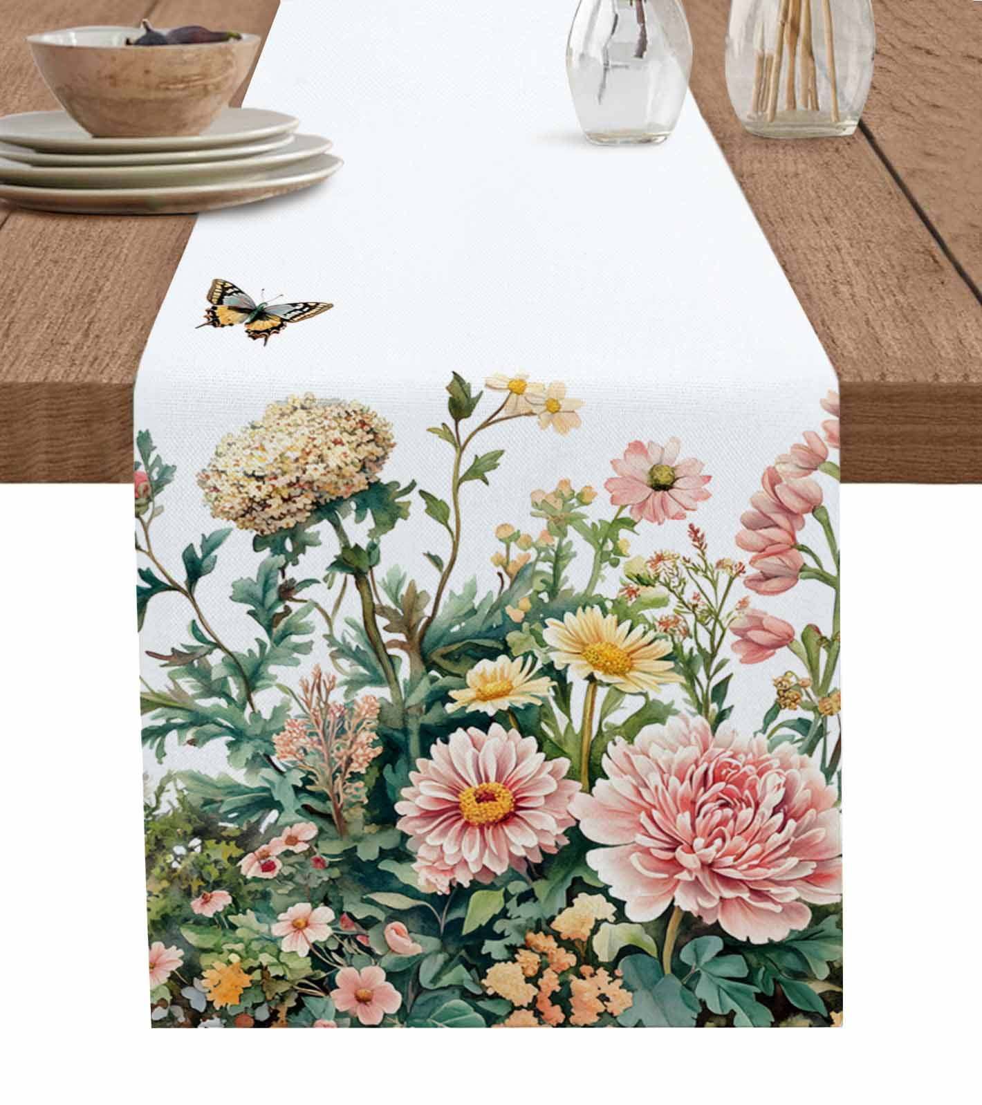 Spring Floral Table Runner 108 Inches, Pastoral Pink Flowers Watercolor ...