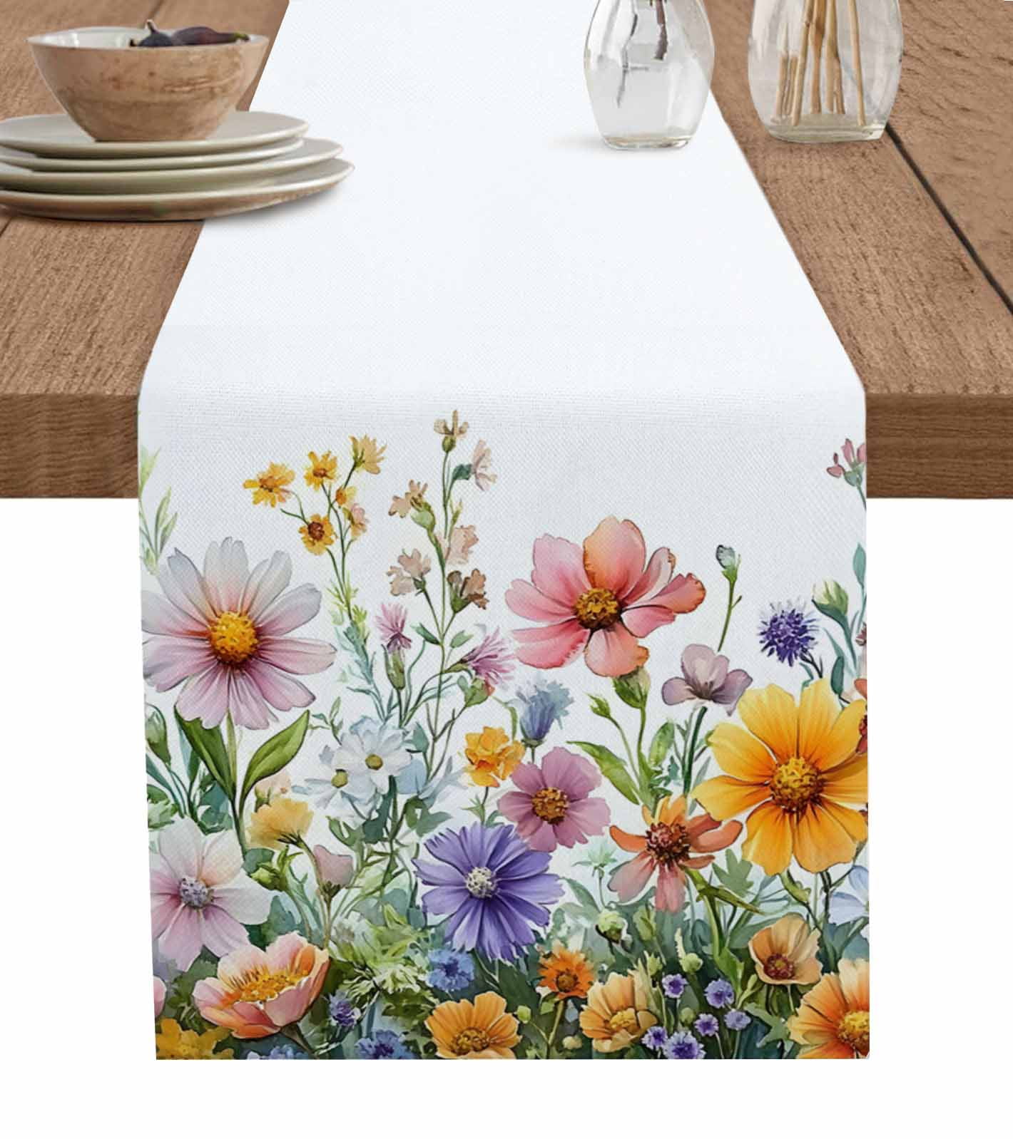 Spring Floral Table Runner 108 Inches, Yellow Pink Flowers Pastoral ...
