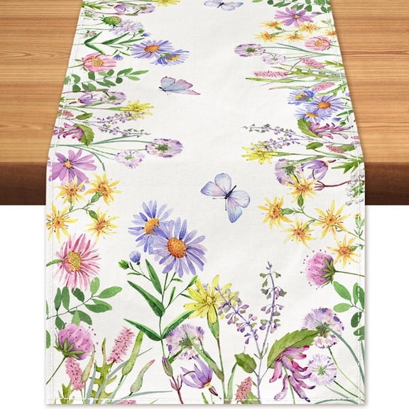 Spring Floral Table Runner 13" x 108", Daisy Lavender Butterfly Wildflowers Summer Table Runners for Home Kitchen Decorations Farmhouse Dining Table Decor