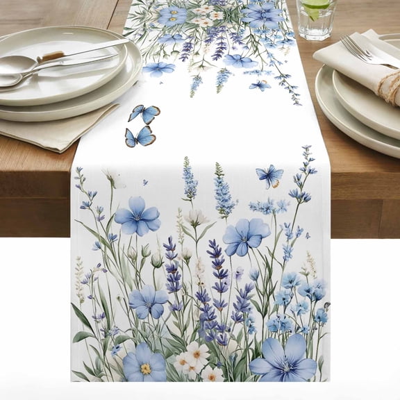 Spring Floral Table Runner 13x36 inch Blue Wildflowers Lavender Field Butterfly Rustic Cotton Linen Dining Table Runner Ideal for Dresser Kitchen Coffee Tables - Machine Washable