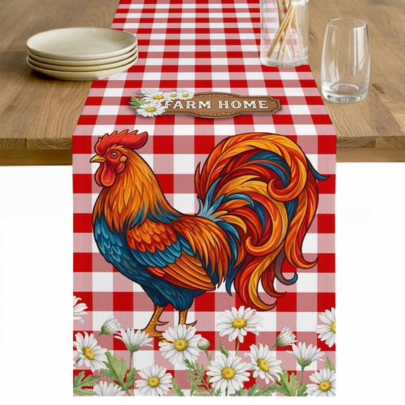 Spring Floral Table Runner - 36 Inch Long Red Checkered Rooster Farmhouse Art Cotton and Linen Blended Dress Scarves Farmhouse Table Runner for Kitchen Dining, Coffee Table, 13" x 36"