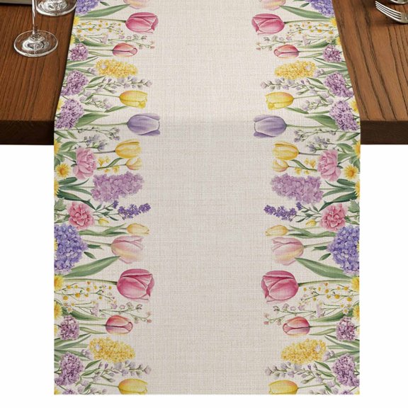 Spring Floral Table Runner 36 Inches Long for Dining Tables, Pink Tulip Summer Botanical Rustic Cotton Linen Table Runner Coffee Tablerunners Dresser for Kitchen Party Holiday Decorations 13"x36"