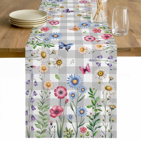 Spring Floral Table Runner 36 Inches Long Farmhouse Dress Scarves, Grey Plaid Pink Blue Flowers Butterfly Dining Tablerunner for Coffee Table/Kitchen Island/Party Décor, Small 13" x 36"