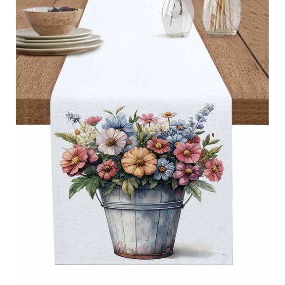 Spring Floral Table Runner 36 Inches, Summer Garden Flora Illustrations Bed Runner Dresser Scarves Tabletop for Indoor Outdoor Parties/Ceremony/Banquet, 13"x 36"