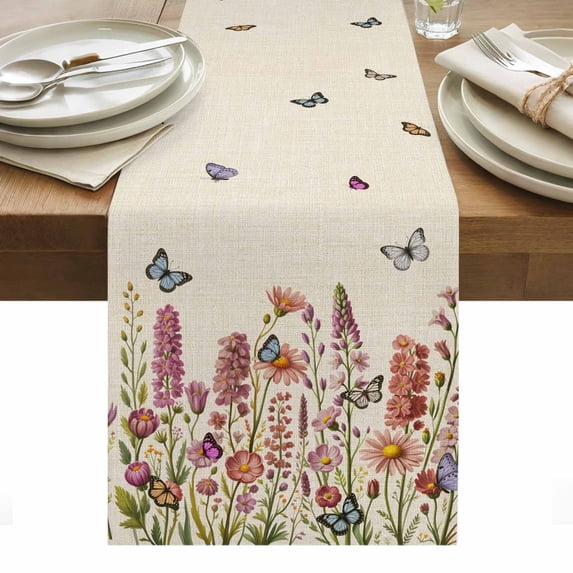 Spring Floral Table Runner - 48 Inch Long, Kitchen Dining Table Runner Dresser Scarves, Watercolor Lavender Daisy Butterflies Beige Farmhouse Decor for Coffee Tables Wedding Party Banquet