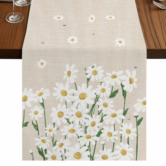 Spring Floral Table Runner 48 Inches Long, Cotton Linen Table Runner Dresser Scarf, White Daisy Farmhouse Linen Texture Short Fabric Tablerunners for Dining Tables Wedding Holiday Party 13"x48"