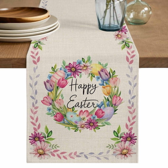 Spring Floral Table Runner 48 Inches, Watercolor Easter Eggs Wreath Plants Beige Bed Runner Dresser Scarves Tabletop for Indoor Outdoor Parties/Ceremony/Banquet, 13" x 48"