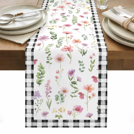 Spring Floral Table Runner - 60 Inch Long, Kitchen Dining Table Runner Dresser Scarves, Pink Flowers Black White Plaid Pastoral Farmhouse Decor for Coffee Tables Wedding Party Banquet
