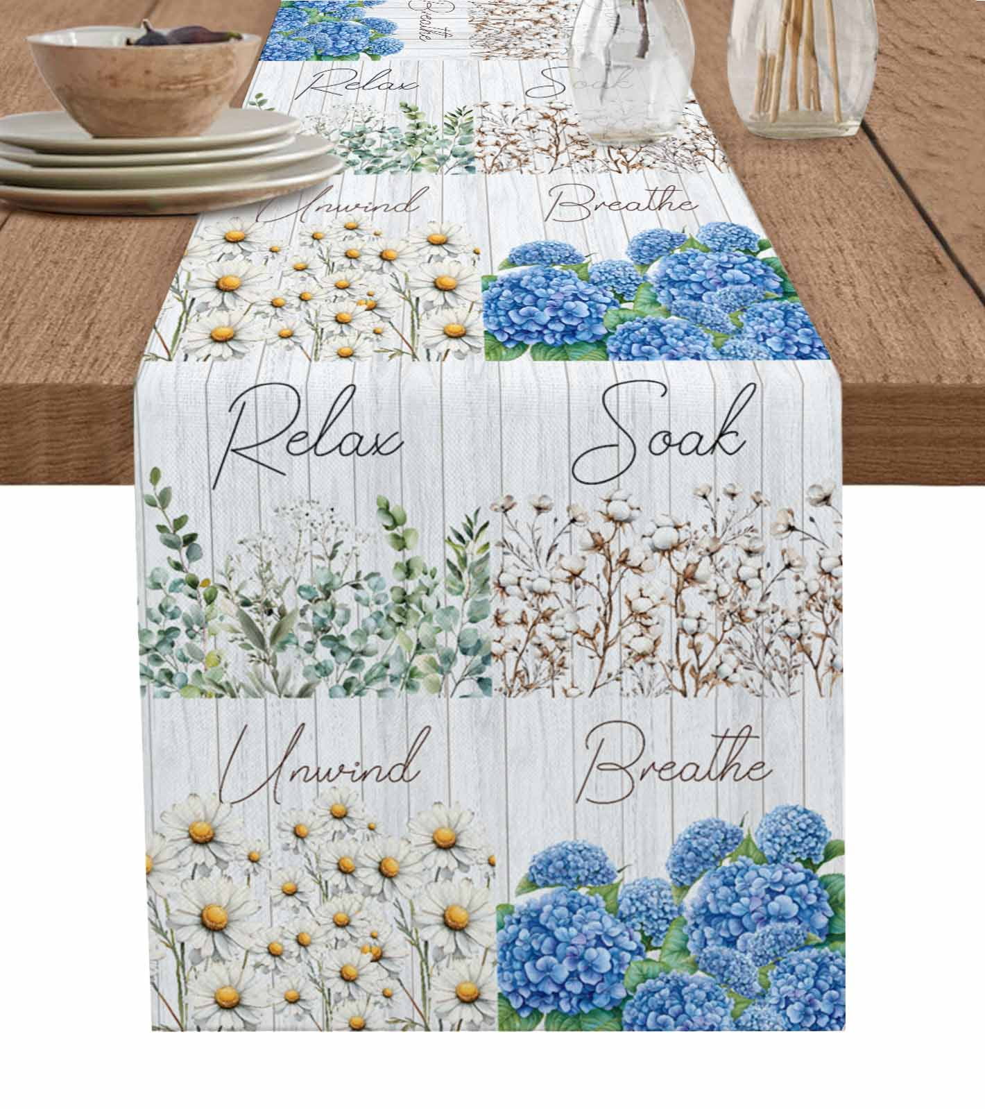 Spring Floral Table Runner 60 Inches, Green Eucalyptus Leaves Blue ...