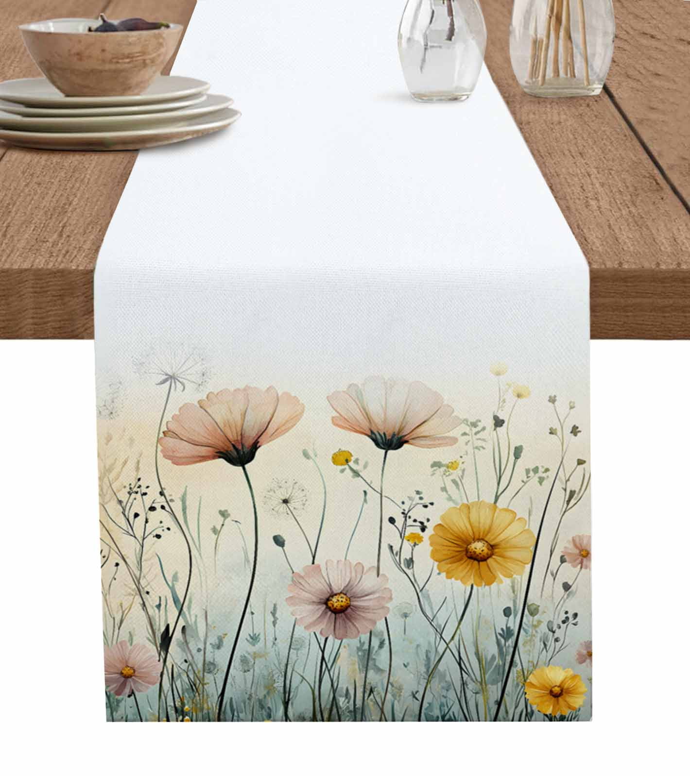 Spring Floral Table Runner 60 Inches, Pastoral Flowers Watercolor ...
