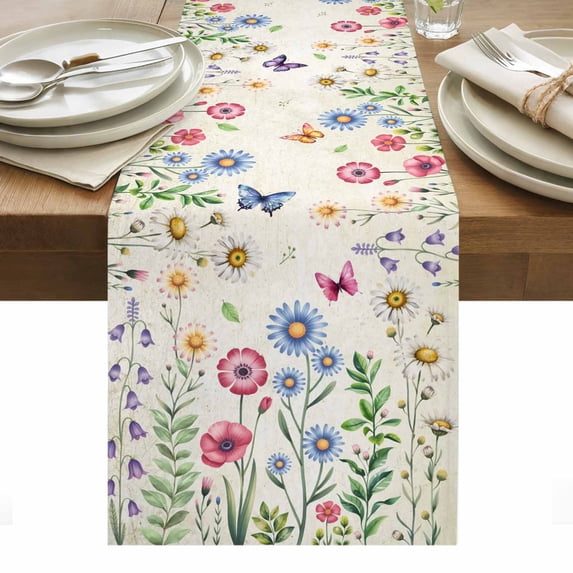 Spring Floral Table Runner - 70 Inch Long, Kitchen Dining Table Runner Dresser Scarves, Pink Blue Flowers Butterfly Farmhouse Farmhouse Decor for Coffee Tables Wedding Party Banquet