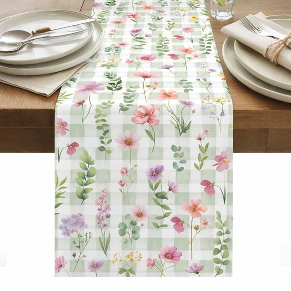 Spring Floral Table Runner - 70 Inch Long, Kitchen Dining Table Runner Dresser Scarves, Pink Flowers Green Plaid Pastoral Farmhouse Decor for Coffee Tables Wedding Party Banquet