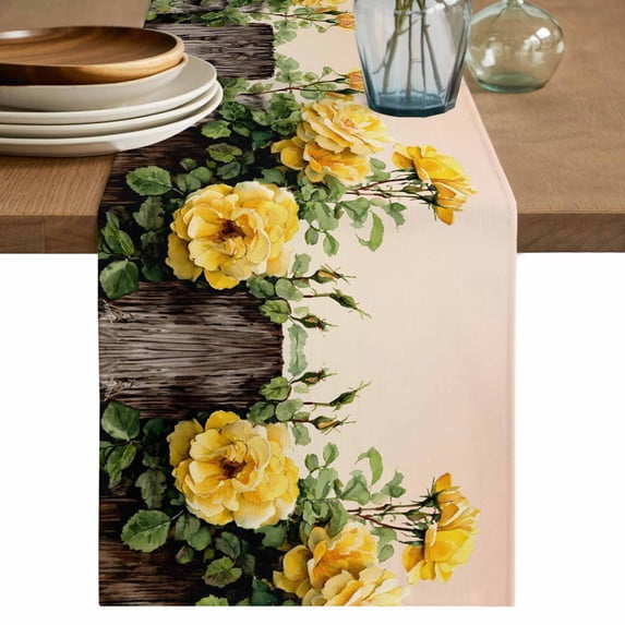 Spring Floral Table Runner 70 Inches, Yellow Roses Flowers Rustic Botanical Pink Bed Runner Dresser Scarves Tabletop for Indoor Outdoor Parties/Ceremony/Banquet, 13" x 70"