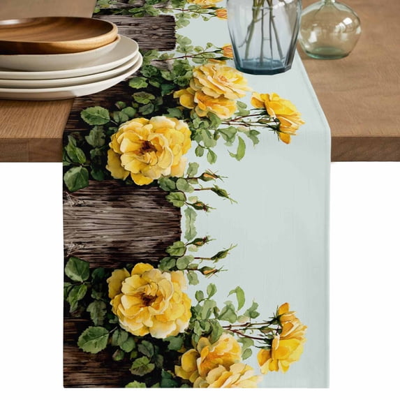 Spring Floral Table Runner 70 Inches, Yellow Roses Leaves Pastoral Botanical Farmhouse Bed Runner Dresser Scarves Tabletop for Indoor Outdoor Parties/Ceremony/Banquet, 13" x 70"