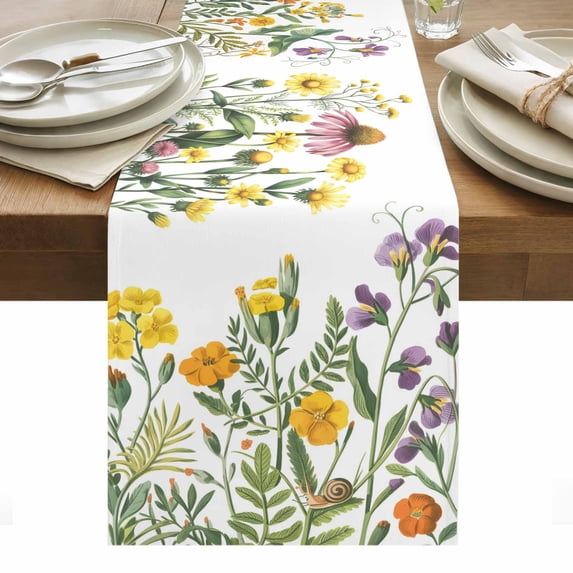 Spring Floral Table Runner - 72 Inch Long, Kitchen Dining Table Runner Dresser Scarves, Green Yellow Botanical Elegant Pastoral Farmhouse Decor for Coffee Tables Wedding Party Banquet