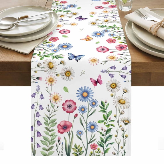 Spring Floral Table Runner - 72 Inch Long, Kitchen Dining Table Runner Dresser Scarves, Pink Blue Flowers Botanical Butterflies Farmhouse Decor for Coffee Tables Wedding Party Banquet