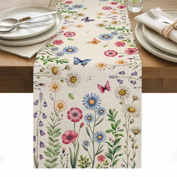 Spring Floral Table Runner - 72 Inch Long, Kitchen Dining Table Runner Dresser Scarves, Pink Blue Flowers Butterfly Rustic Farmhouse Decor for Coffee Tables Wedding Party Banquet