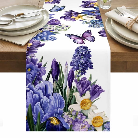 Spring Floral Table Runner - 72 Inch Long, Kitchen Dining Table Runner Dresser Scarves, Purple Tulips Hydrangeas Butterflies Flowers Farmhouse Decor for Coffee Tables Wedding Party Banquet
