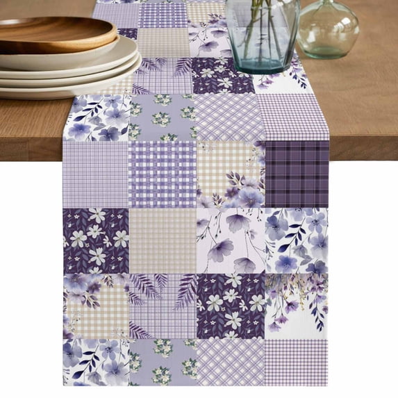 Spring Floral Table Runner 72 Inches, Dark Purple Flowers Patchwork Grid Bohemia Bed Runner Dresser Scarves Tabletop for Indoor Outdoor Parties/Ceremony/Banquet, 18" x 72"