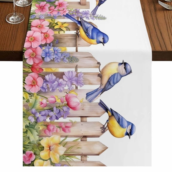 Spring Floral Table Runner 72 Inches Long, Summer Birds Botanical Fence Cotton Linen Table Runners Dresser Scarves, Decorative Fabric Tabletop Scarf Furniture Cover for Home Dinner Party 13"x72"