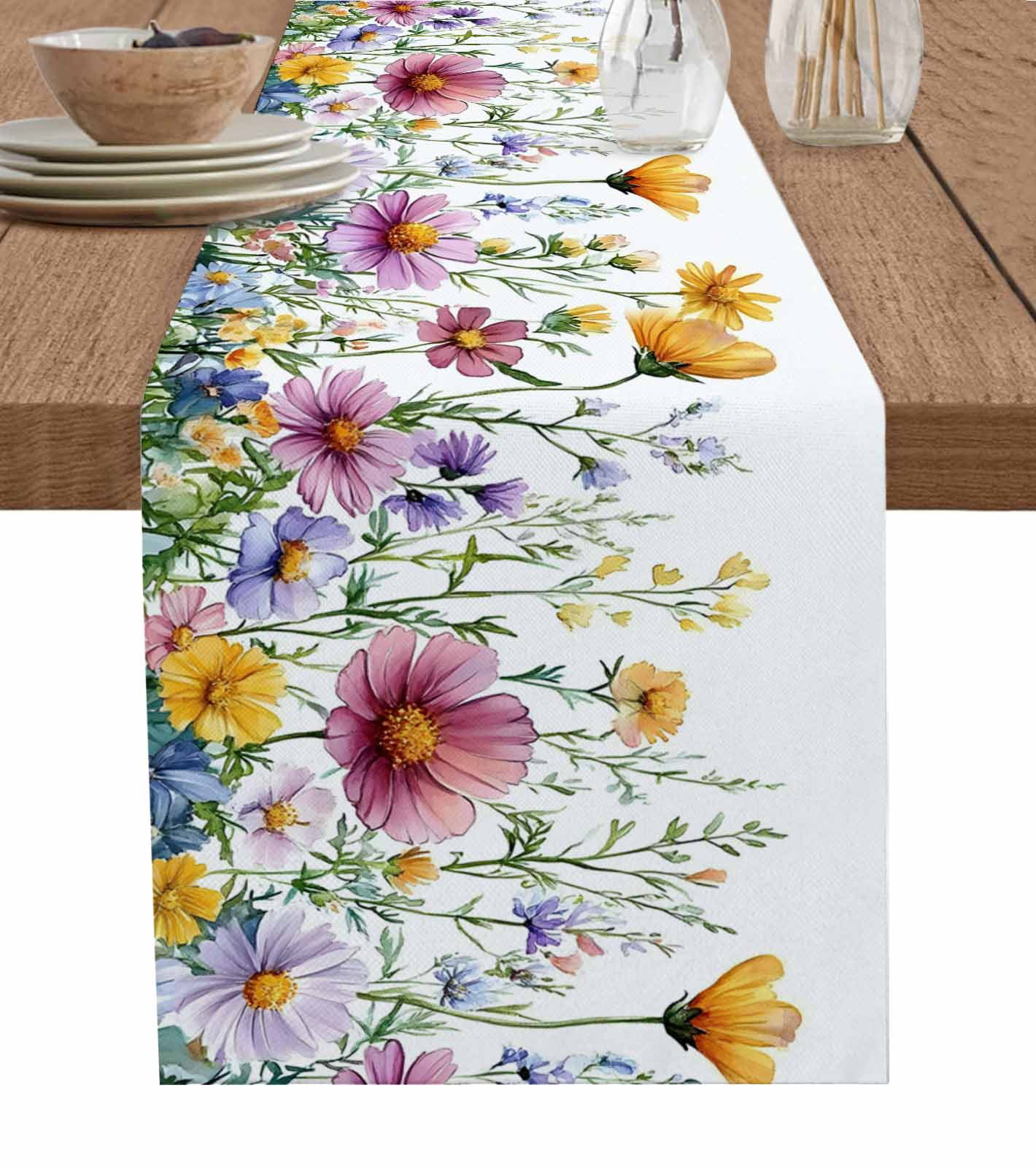 Spring Floral Table Runner 72 Inches, Yellow Pink Pastoral Flowers ...