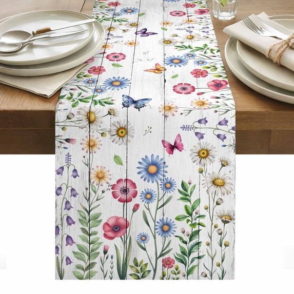 Spring Floral Table Runner - 90 Inch Long, Kitchen Dining Table Runner Dresser Scarves, Pink Blue Flowers Butterfly Wooden Farmhouse Decor for Coffee Tables Wedding Party Banquet