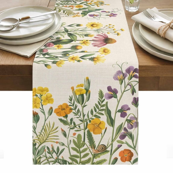Spring Floral Table Runner - 90 Inch Long, Kitchen Dining Table Runner Dresser Scarves, Yellow Flowers Pastoral Botanical Rustic Farmhouse Decor for Coffee Tables Wedding Party Banquet