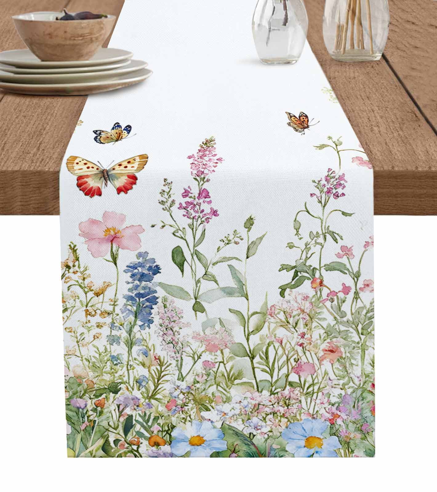 Spring Floral Table Runner 90 Inches, Butterfly Summer Flowers Pastoral ...