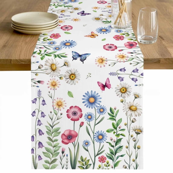 Spring Floral Table Runner 90 Inches Long Farmhouse Dress Scarves, Pink Blue Flowers Botanical Butterflies Dining Tablerunner for Coffee Table/Kitchen Island/Party Décor, 13" x 90"