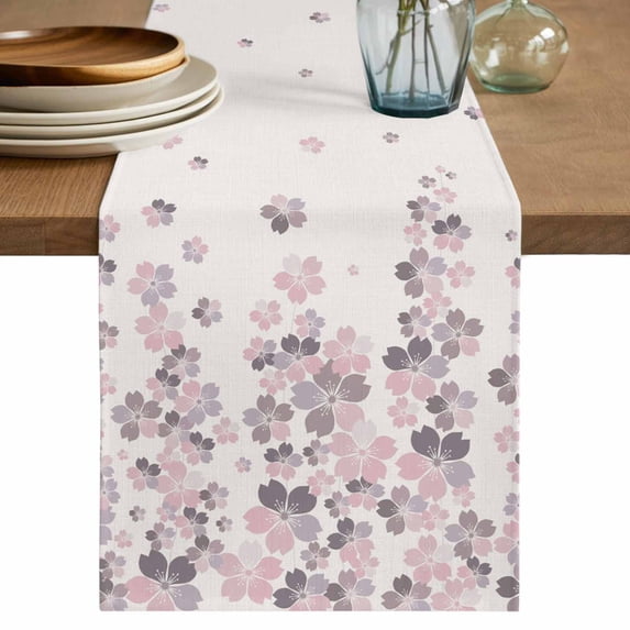 Spring Floral Table Runner 90 Inches, Pink Gray Cherry Blossom Flowers Beige Bed Runner Dresser Scarves Tabletop for Indoor Outdoor Parties/Ceremony/Banquet, 13" x 90"