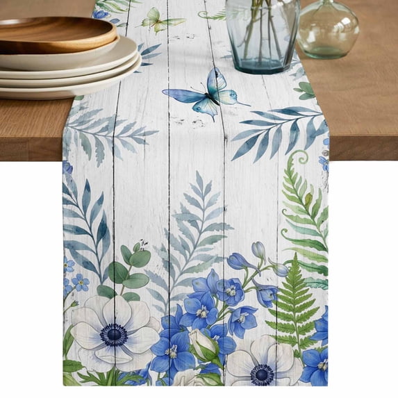 Spring Floral Table Runner 90 Inches, Watercolor Flowers Butterfly Botanical Wood Gray Bed Runner Dresser Scarves Tabletop for Indoor Outdoor Parties/Ceremony/Banquet, 13" x 90"