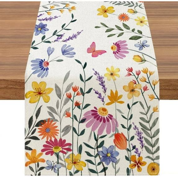 Spring Floral Table Runner, Colorful Flowers Farmhouse Home Kitchen Dining Table Decoration, 13 x 72 Inch