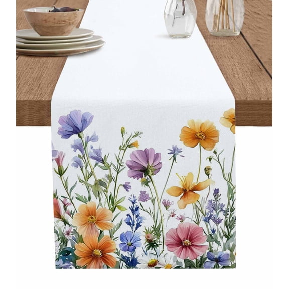 Spring Floral Table Runner Cotton Linen 120 Inch Holiday Dresser Scarves, Yellow Purple Flowers Pastoral Tablerunner for Kitchen Coffee Dining Bedroom Home Living Room Dinner Scarf Décor 13''x120''