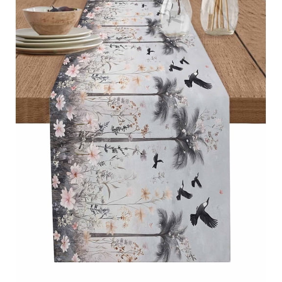 Spring Floral Table Runner Cotton Linen 90 Inch Holiday Dresser Scarves, Watercolor Birds Palm Tree Botanical Tablerunner for Kitchen Coffee Dining Bedroom Living Room Dinner Scarf Décor 13''x90''