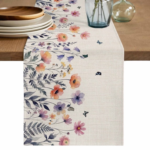 Spring Floral Table Runner, Elegant Pastoral Flowers Watercolor Botanical Cotton Linen Table Runners 108 Inches Long, Dresser Scarf Runner for Dining/Living Room/Kitchen/Square Tables 13''x108''