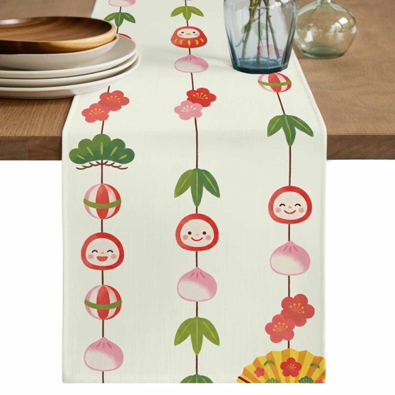 Spring Floral Table Runner, Green Botanical Summer Flower Birds Washable Cotton Linen Table Runners 48 Inches Long, Dresser Scarf Runner for Nightstand/Coffee/End Tables 13''x48''