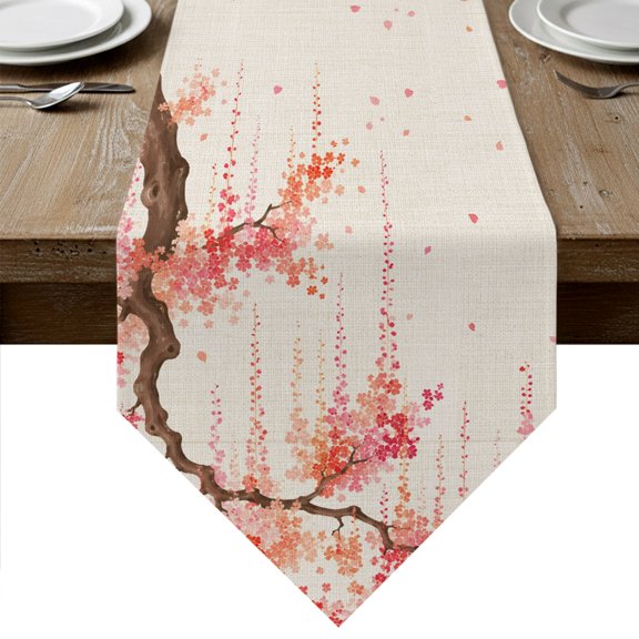 Spring Floral Table Runner Linen Burlap Table Runner 36 Inches Small Pink Weeping Cherry Blossom Branches Beige Dresser Scarves for Kitchen Island Coffee Dining Room Party Holiday Decoration 13"x36"