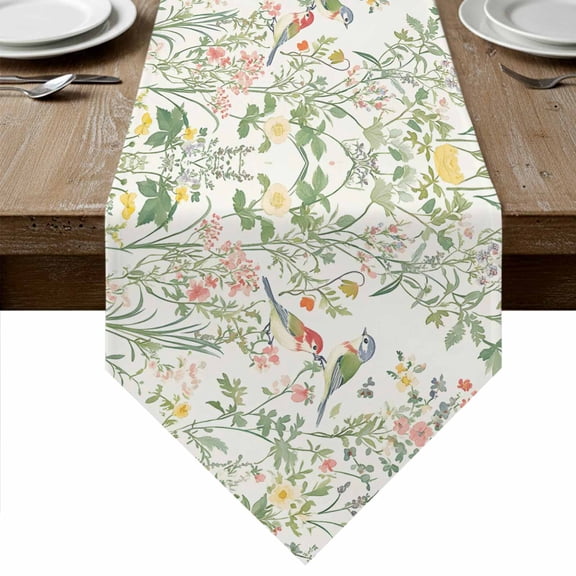 Spring Floral Table Runner Linen Burlap Table Runner 60 Inches Long Summer Birds Botanical Country Green Dresser Scarves for Kitchen Island Coffee Dining Party Wedding Banquet Holiday Decor 13"x60"