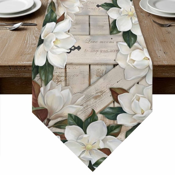 Spring Floral Table Runner Linen Burlap Table Runner 72 Inches Long White Magnolia Flowers Barn Door Farmhouse Beige Dresser Scarves for Kitchen Island Coffee Dining Room Party Holiday Decor 18"x72"