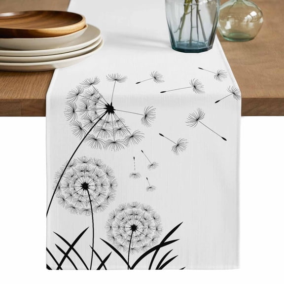 Spring Floral Table Runner, Modern Elegant Pastoral Flowers Black Washable Cotton Linen Table Runners 48 Inches Long, Dresser Scarf Runner for Nightstand/Coffee/End Tables 13''x48''