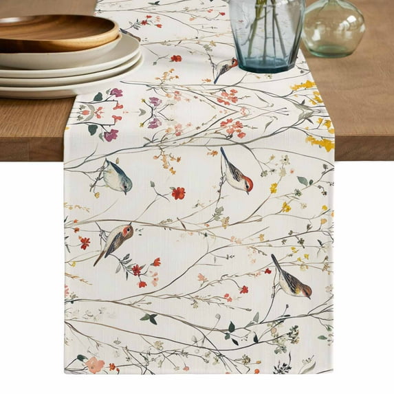 Spring Floral Table Runner, Summer Birds Botanical Country Washable Cotton Linen Table Runners 72 Inches Long, Dresser Scarf Runner for Dining/Coffee/Kitchen/TV Stands/Cabinets 13''x72''
