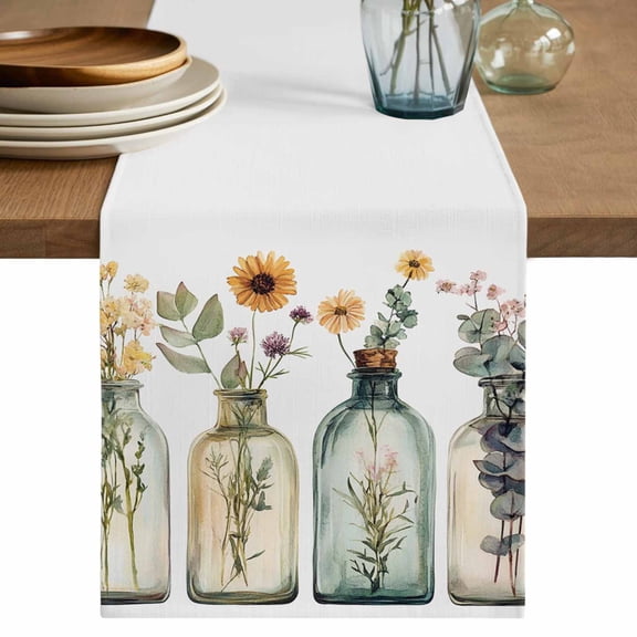 Spring Floral Table Runner, Summer Botanical Flowers Farmhouse Washable Cotton Linen Table Runners 36 Inches Long, Dresser Scarf Runner for Nightstand/End Tables/Round Tables 13''x36''